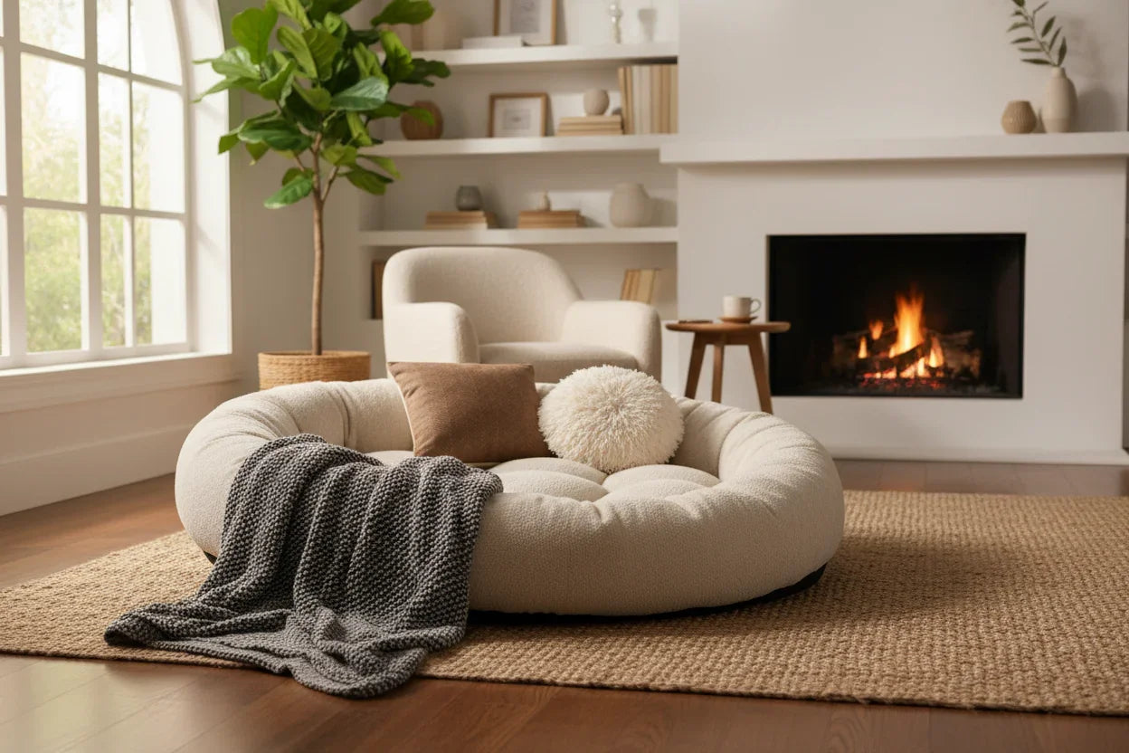 Cozy modern living room with round tufted dog bed, pillows, gray blanket, roaring fireplace