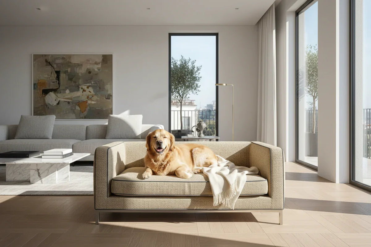 Golden retriever dog relaxing on modern beige sofa with blanket in bright living room