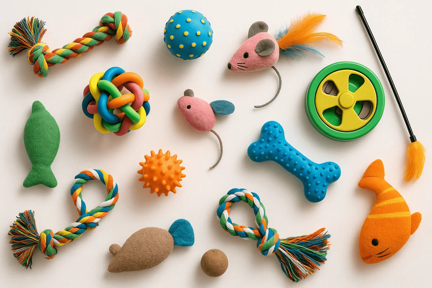 Assorted colorful dog and cat toys including ropes, plush mice and fish, balls, and a blue rubber bone