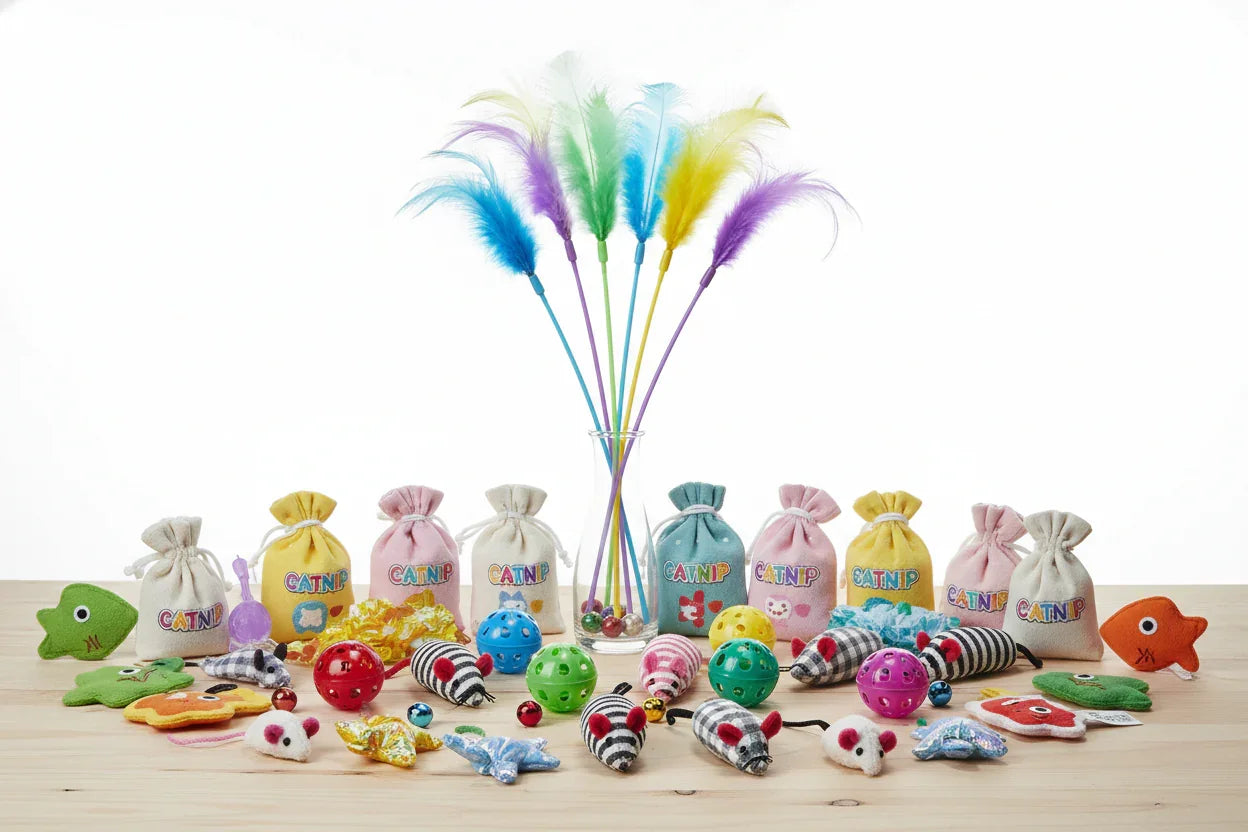 Colorful cat toys including feather wands, catnip bags, balls, mice, and fish on wooden surface