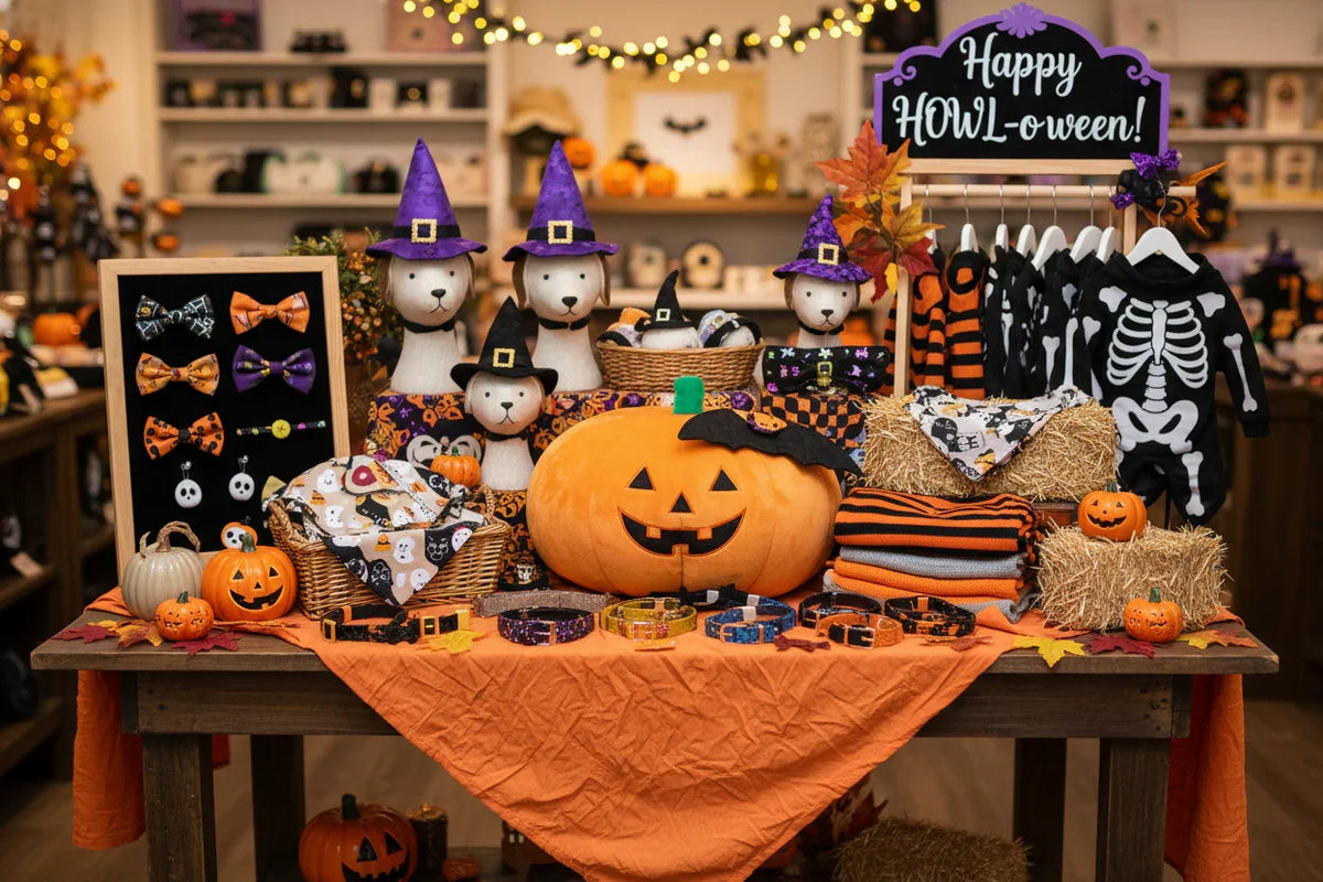 Halloween pet costumes and accessories display with witch hats, pumpkin, skeleton suits, bow ties, collars, and bandanas