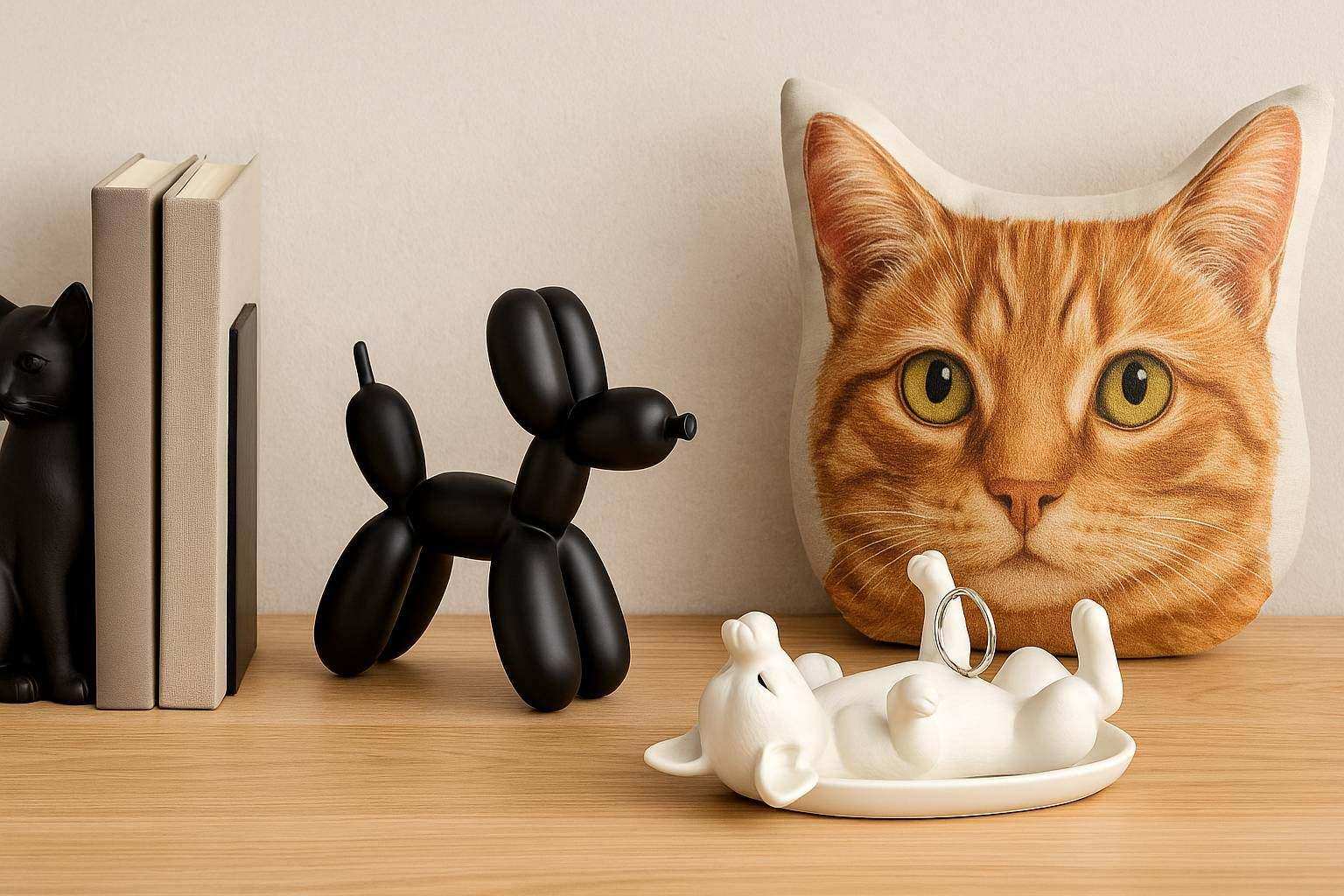 Shelf with cat-shaped pillow, black balloon dog sculpture, white mouse ring holder, and books