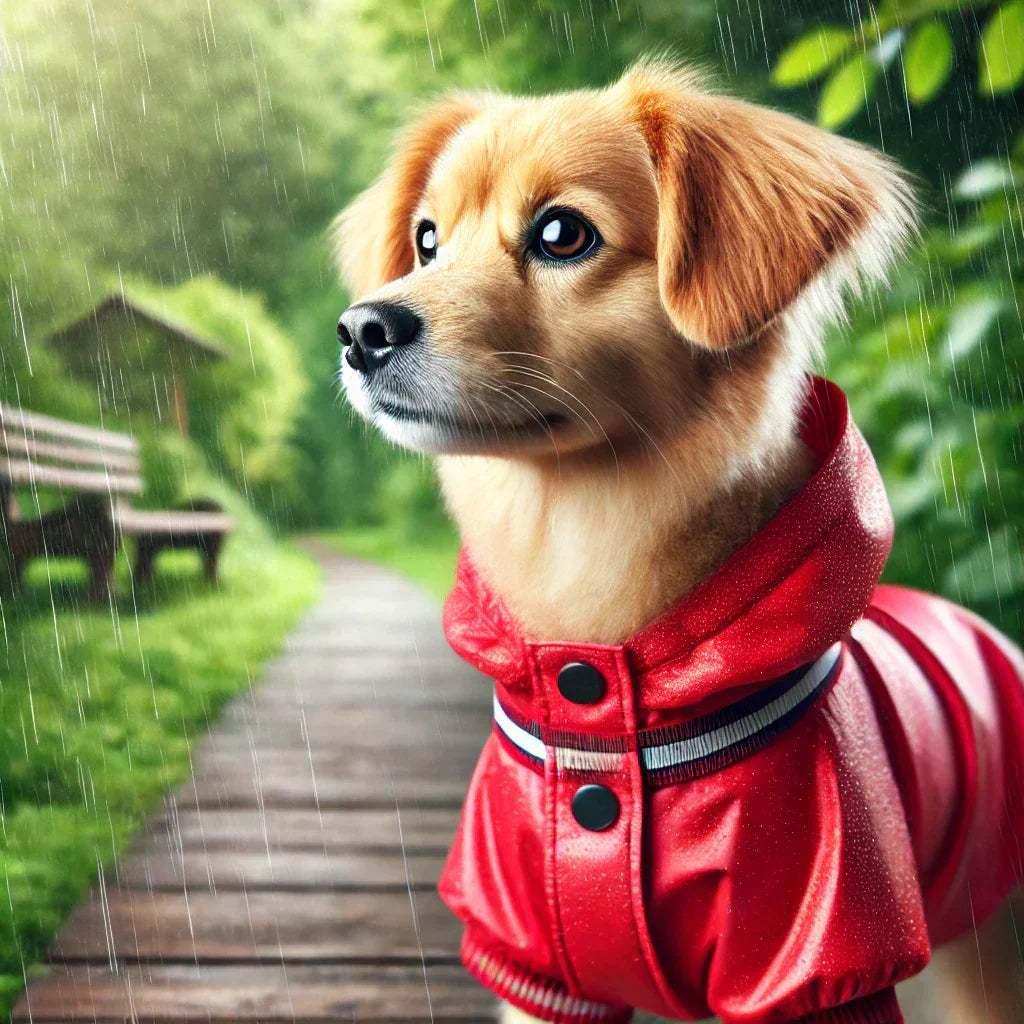 Small dog wearing red waterproof raincoat standing on a wooden path in rainy green park