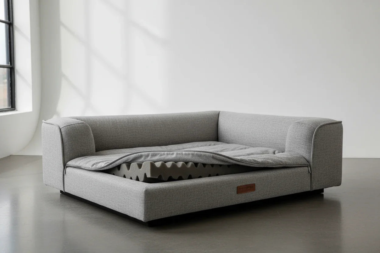 Orthopedic padded dog bed with removable grey cover and egg crate foam in bright room