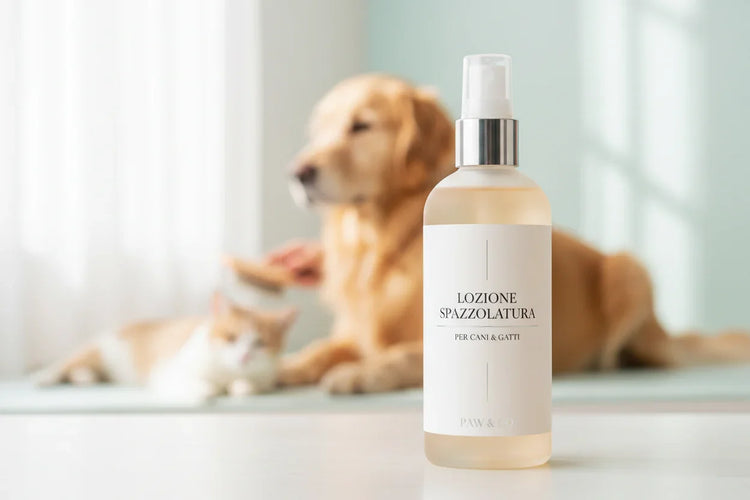Grooming lotion spray bottle for dogs and cats with blurred dog and cat in background