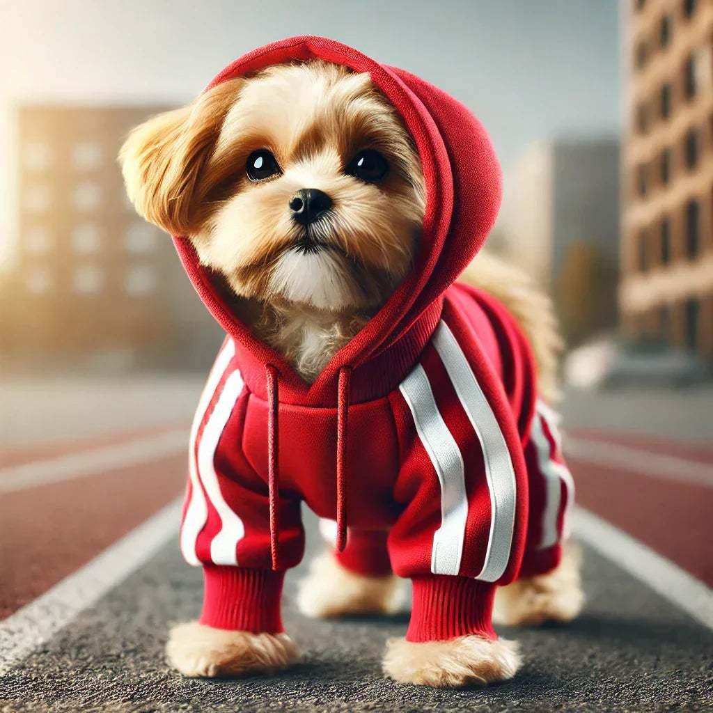 Small dog wearing a red hoodie with white stripes standing on a city street, urban background