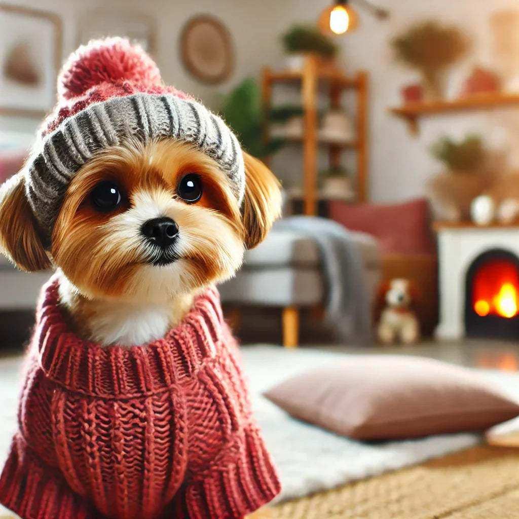 Small dog wearing a pink knitted sweater and gray beanie in a cozy living room with fireplace