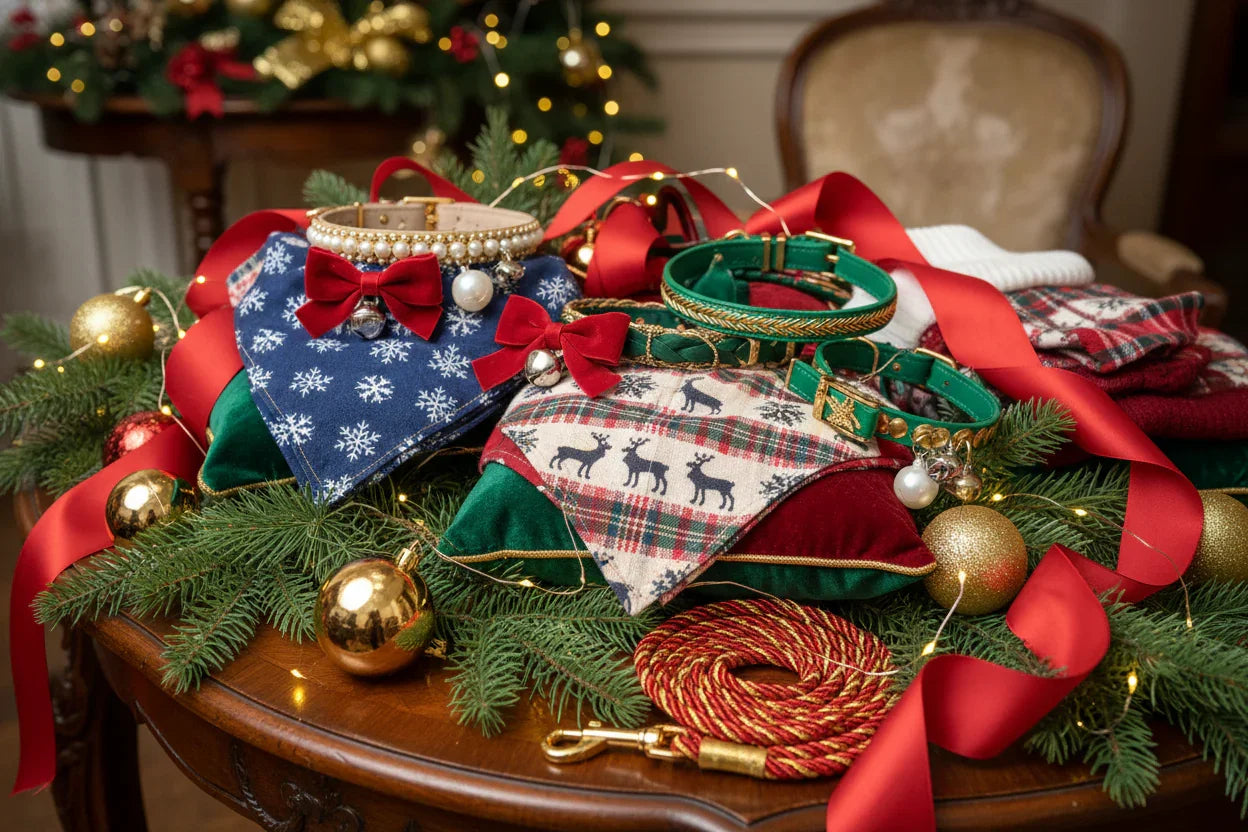 Festive pet accessories including Christmas collars, bandanas with reindeer and snowflakes, red bows, and leashes on a wooden table with holiday decorations