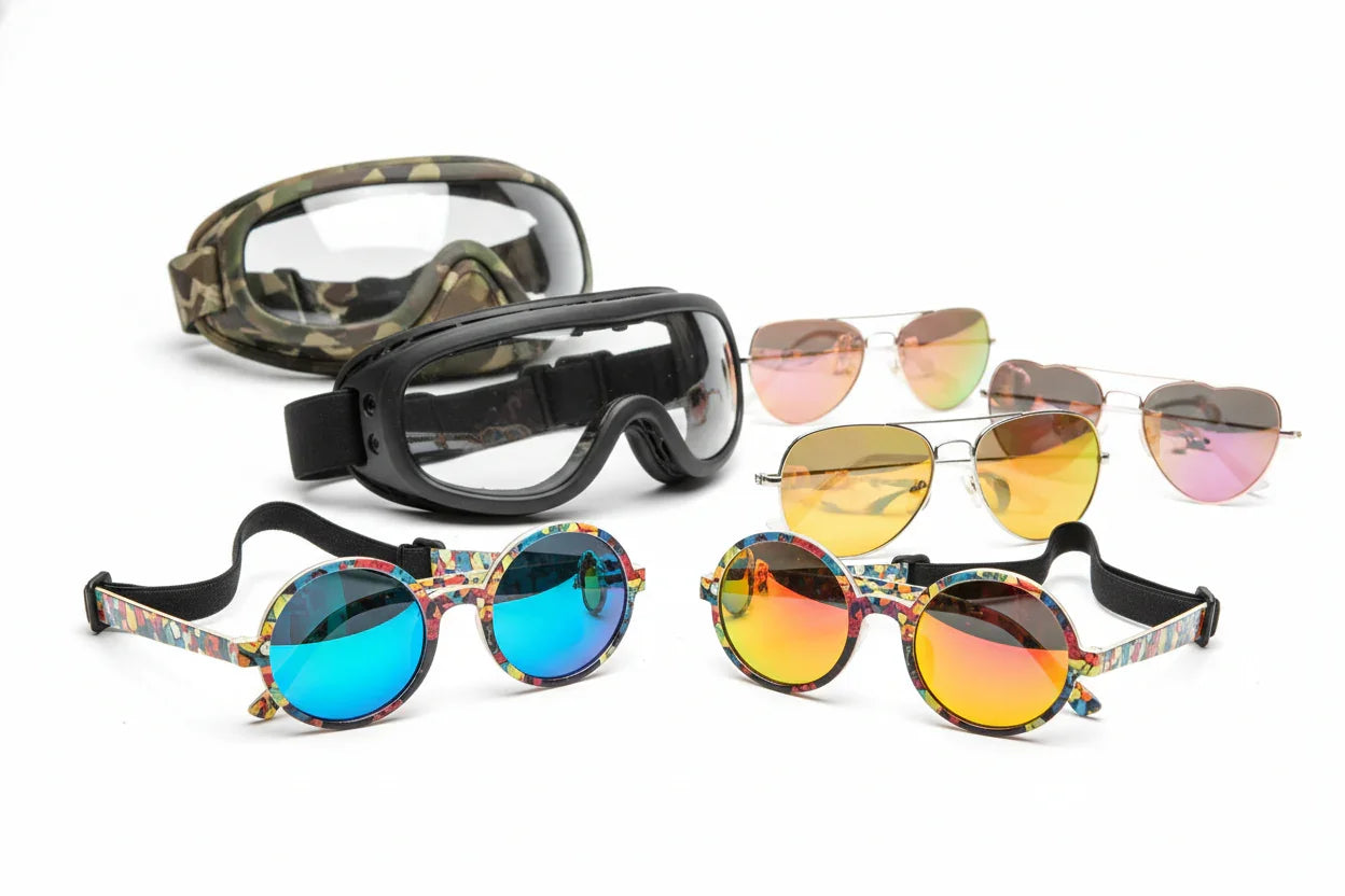 Six pairs of sunglasses and goggles for dogs, including colorful round frames and mirrored aviators