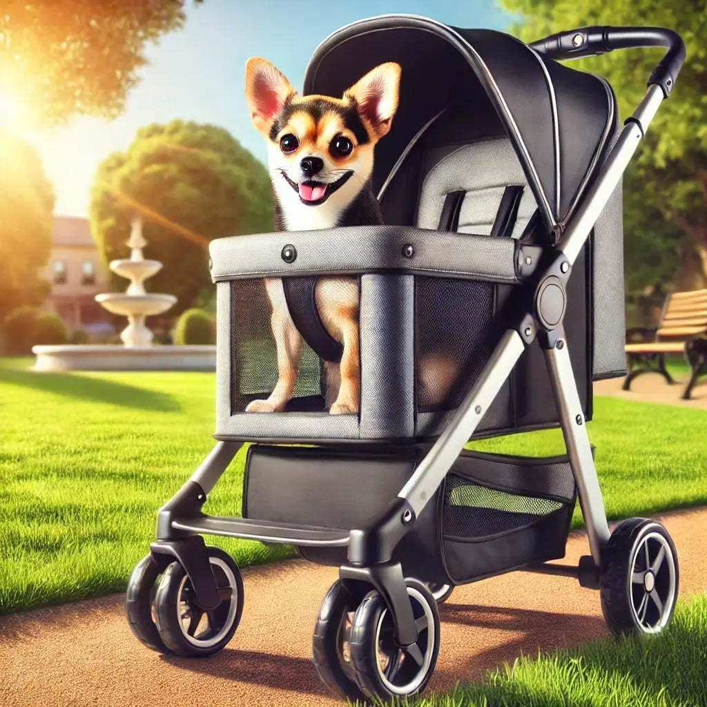 Happy small dog sitting in black pet stroller on park pathway with green lawn and fountain