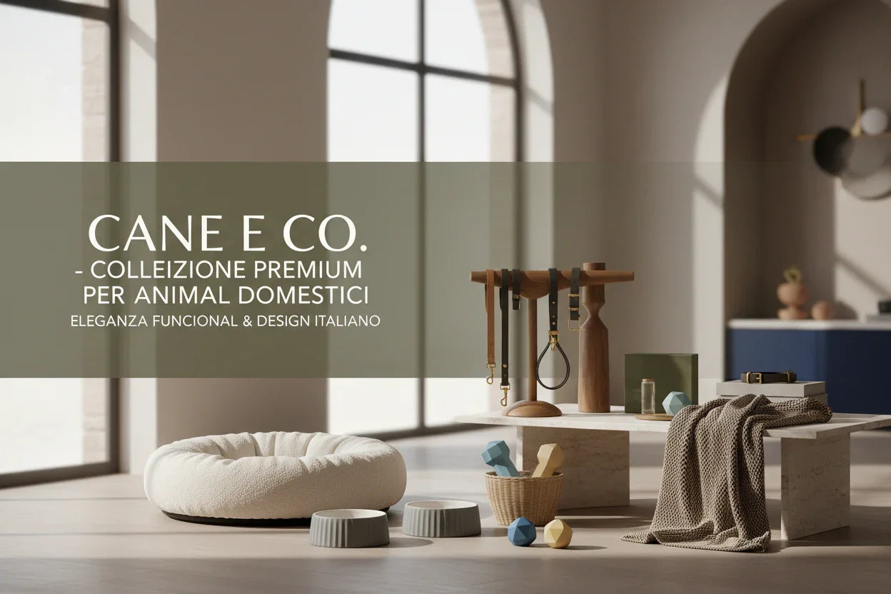 Elegant Italian pet accessories collection with dog collars, bed, bowls, and toys in modern bright room