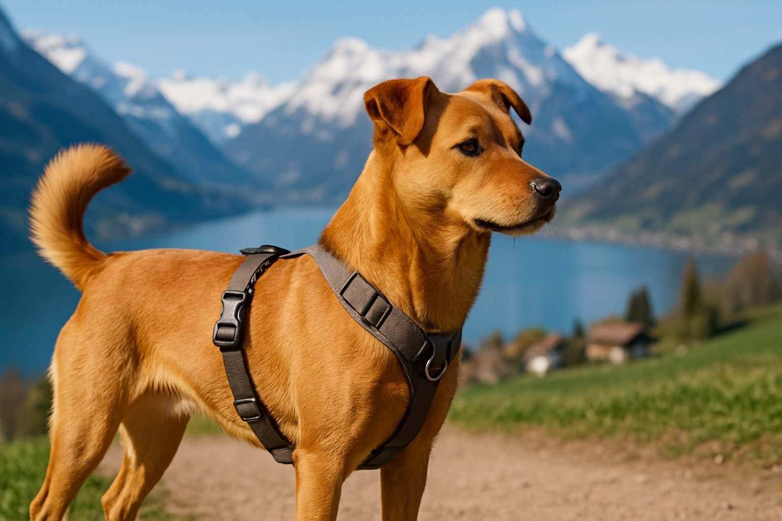 Brown dog wearing gray harness standing on a dirt path with snow-capped mountains and lake in background