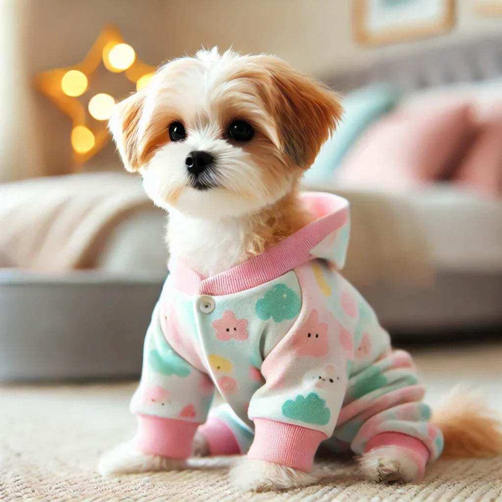 Small fluffy dog wearing pastel-colored pajama with star and cloud patterns indoors