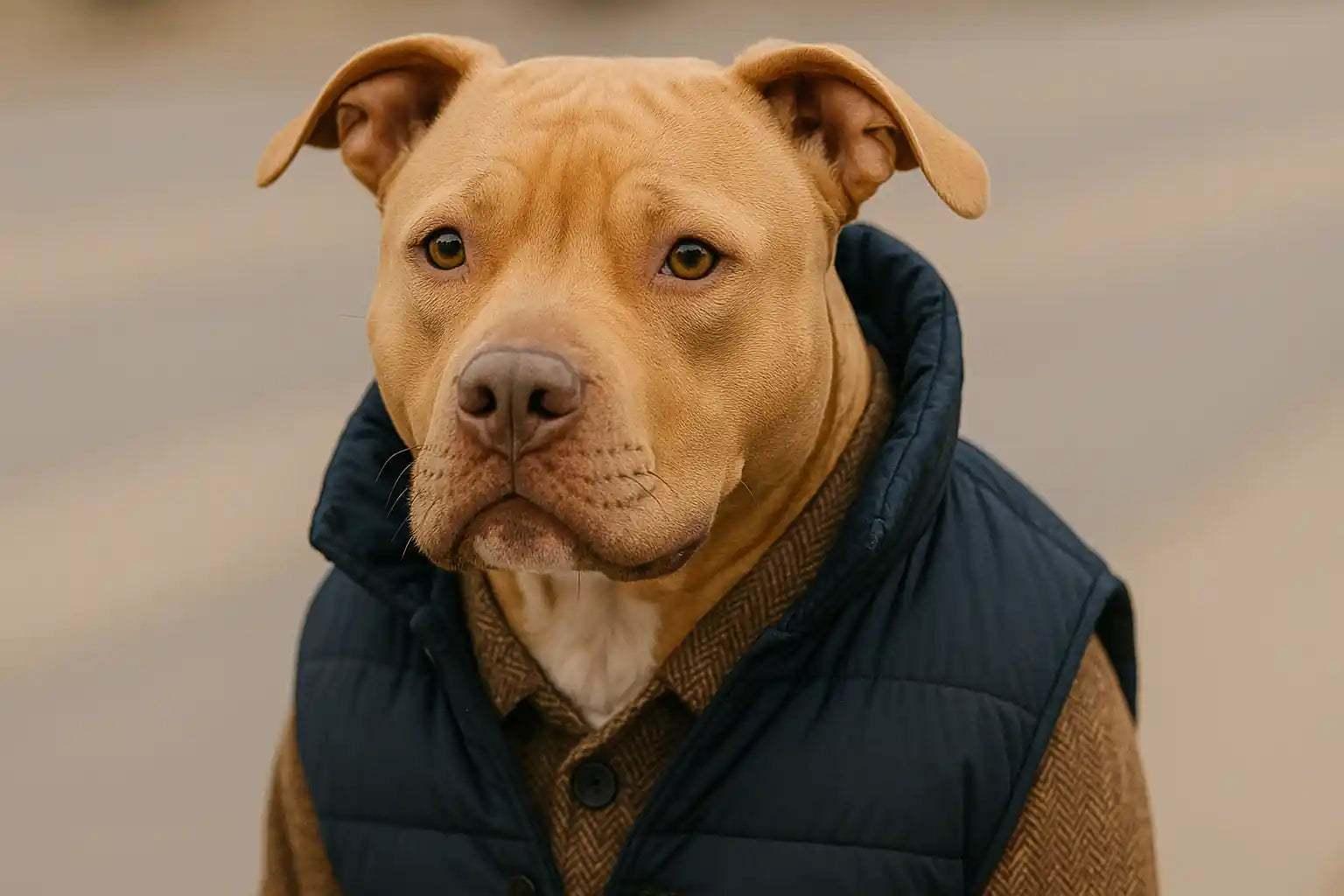 Pitbull color miele vestito con giacca imbottita blu e maglione tweed marrone su sfondo sfocato
