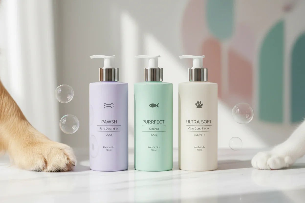 Pet shampoo bottles for dogs and cats with paw and bone icons, dog paw and cat paw visible