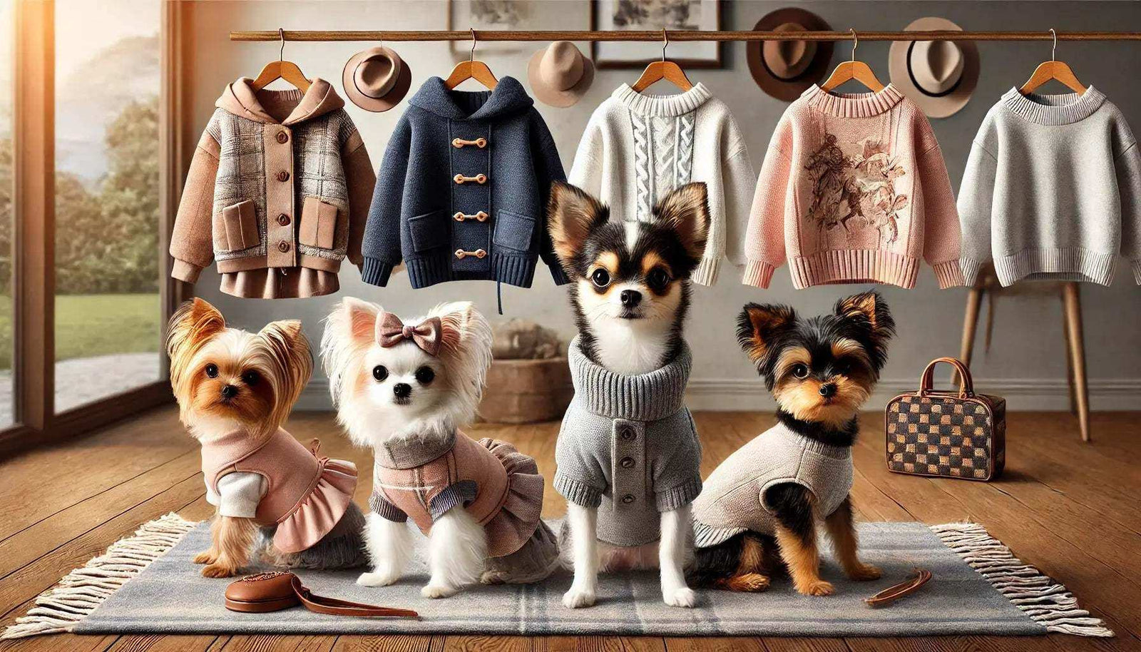 Four small dogs wearing stylish dog sweaters sitting on rug with hanging jackets and hats in background