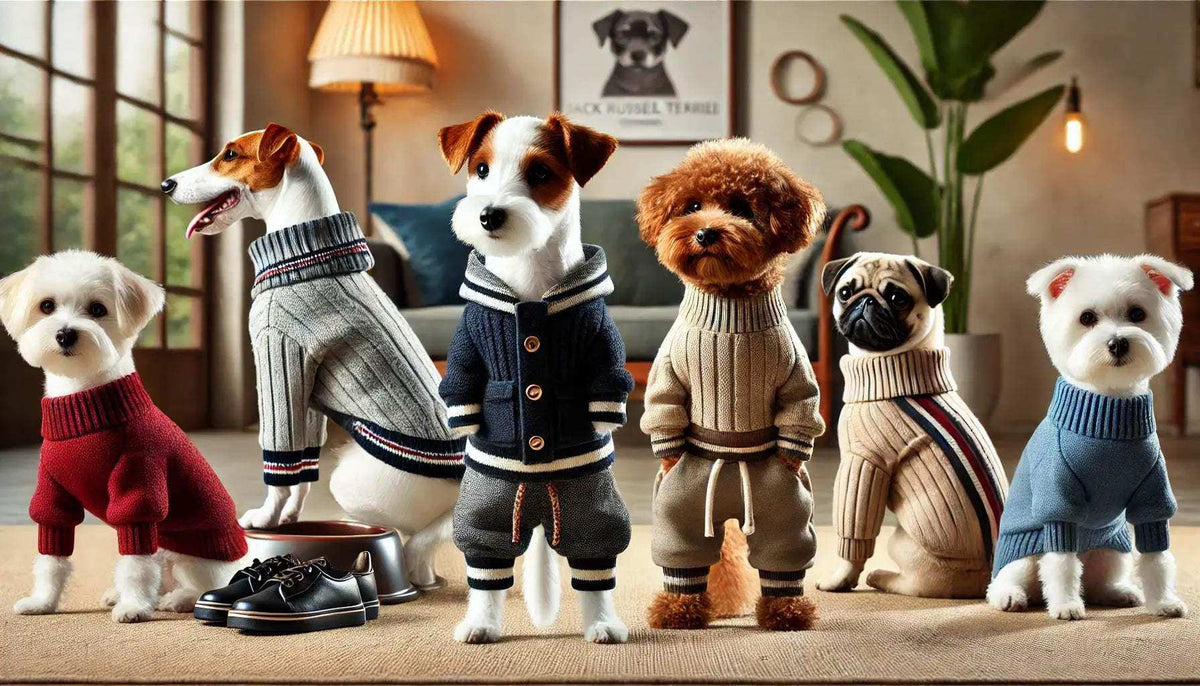 Six small dogs wearing various stylish knit sweaters and pants in a cozy living room setting