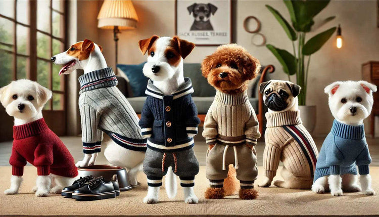 Six small dogs wearing various stylish knit sweaters and pants in a cozy living room setting