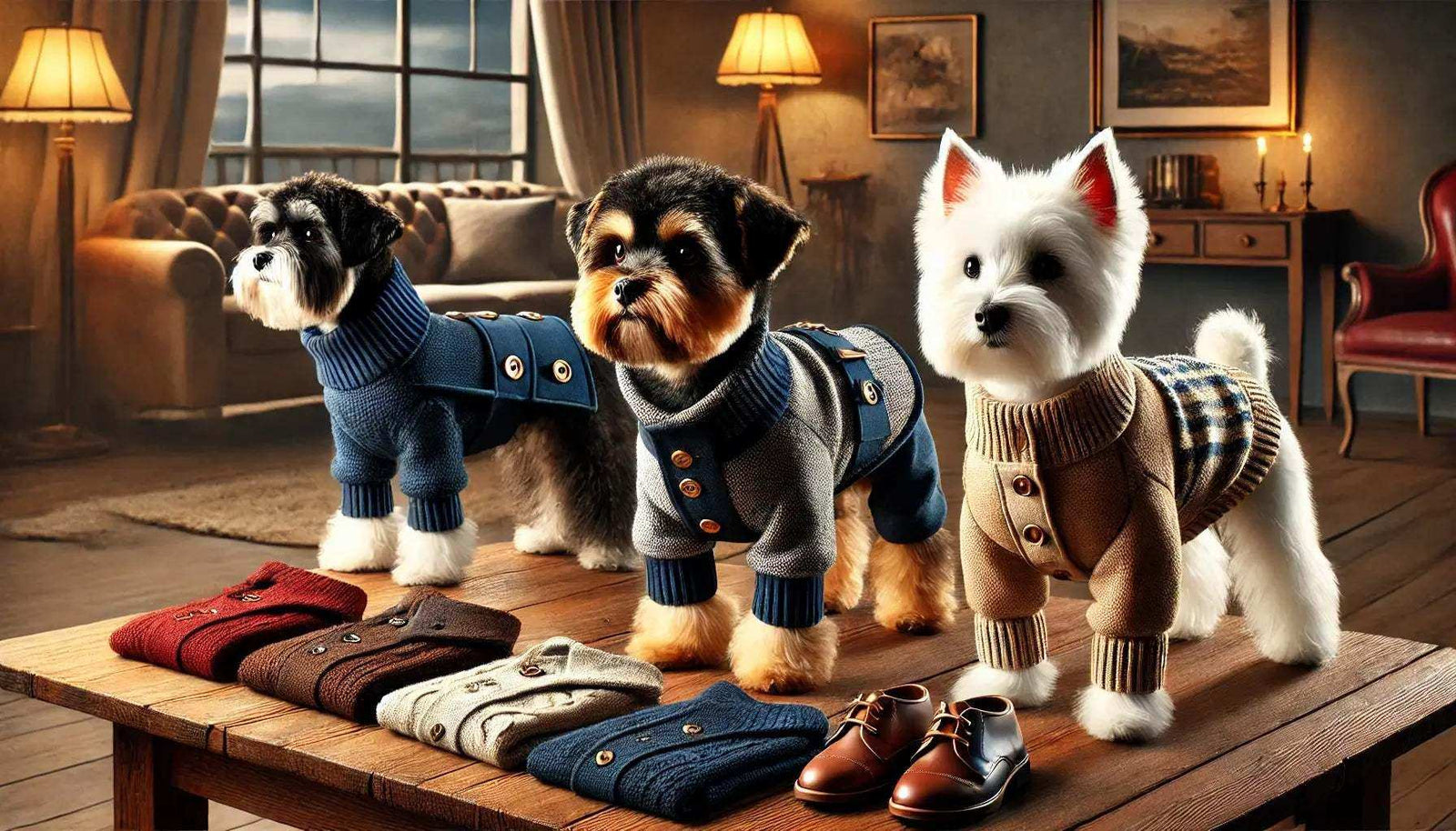 Three small dogs wearing stylish knit sweaters and standing on a wooden table with folded sweaters and shoes in cozy living room