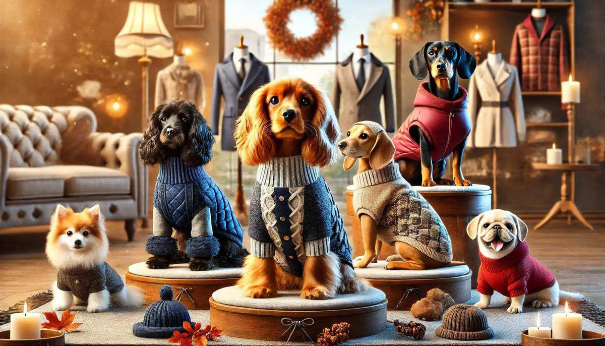 Six small dogs wearing cozy autumn sweaters in stylish indoor setting with warm lighting