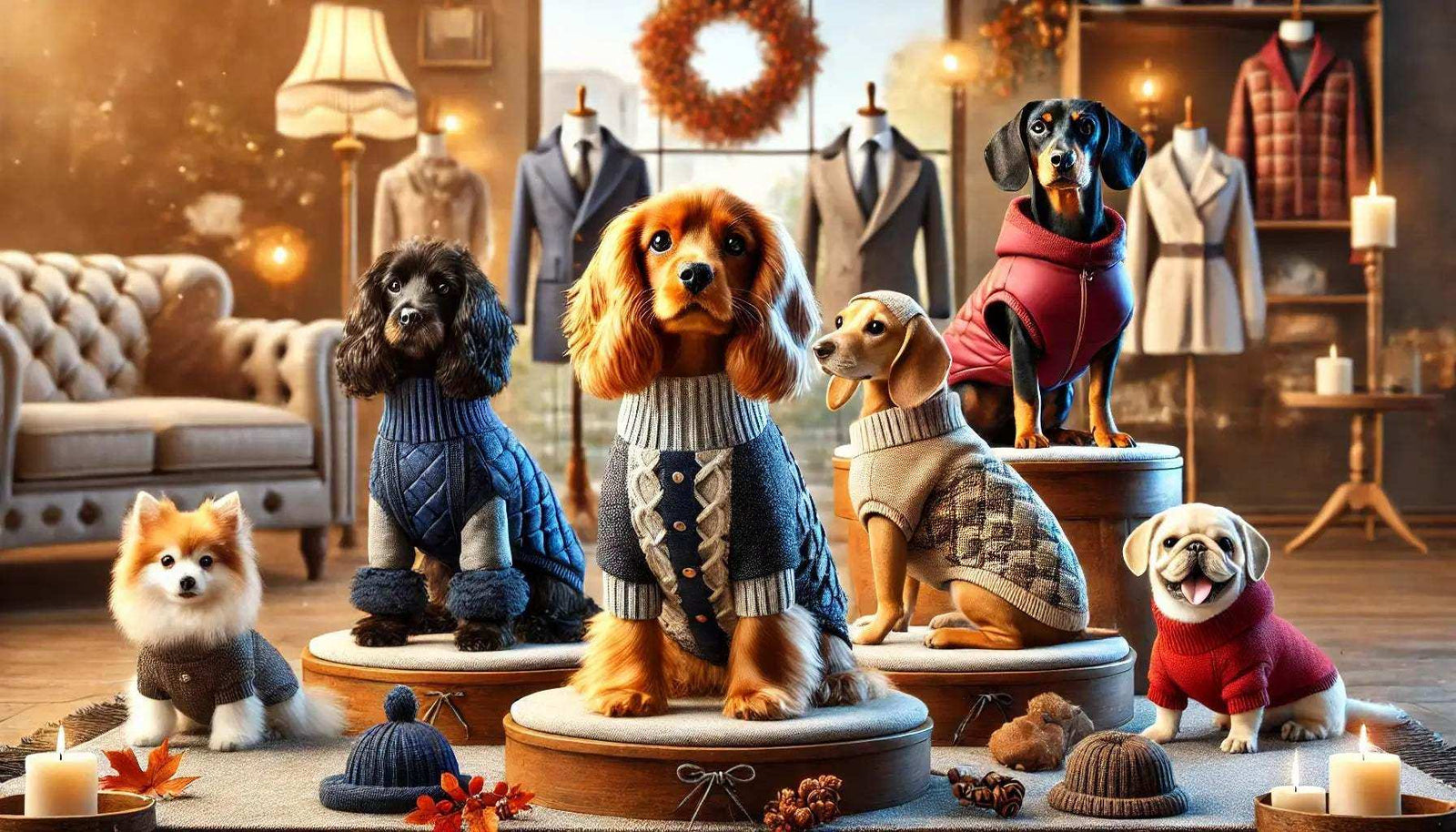 Six small dogs wearing cozy autumn sweaters in stylish indoor setting with warm lighting