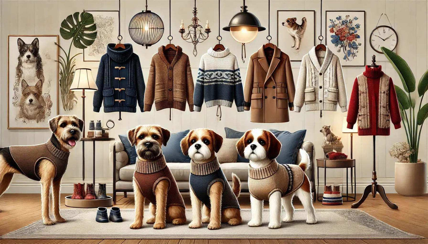 Four dogs wearing knitted dog sweaters in cozy living room with hanging sweaters and framed dog and floral art