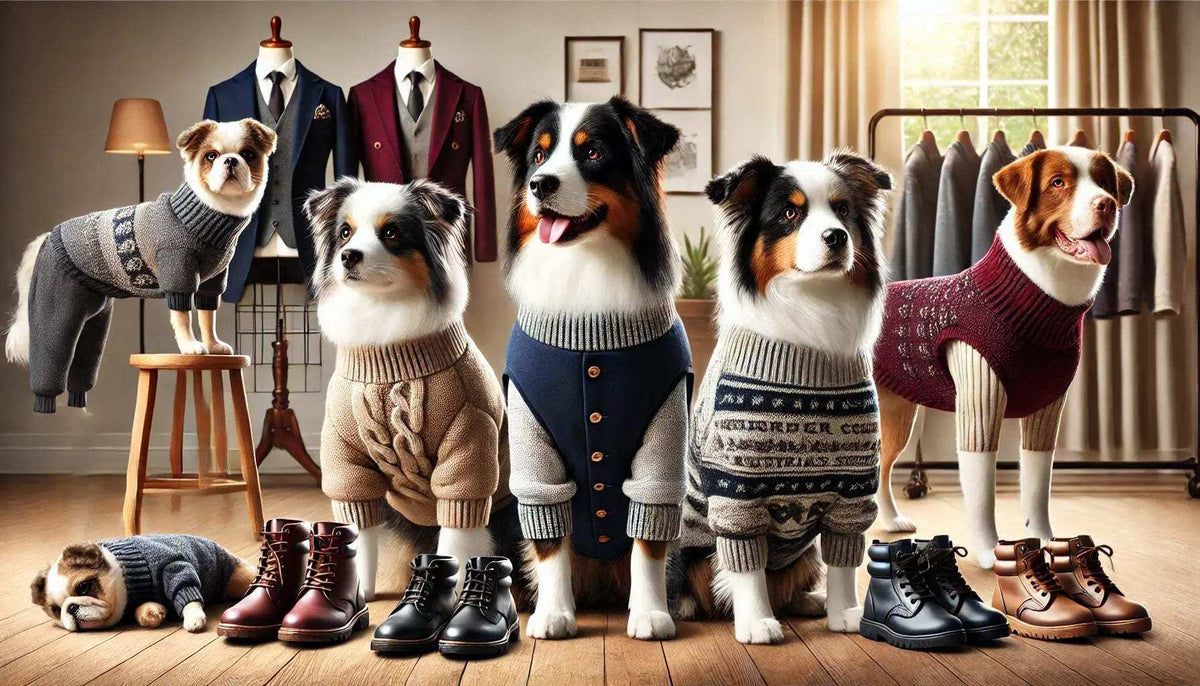 Five dogs wearing stylish knit sweaters and boots in a cozy, fashion-themed indoor setting