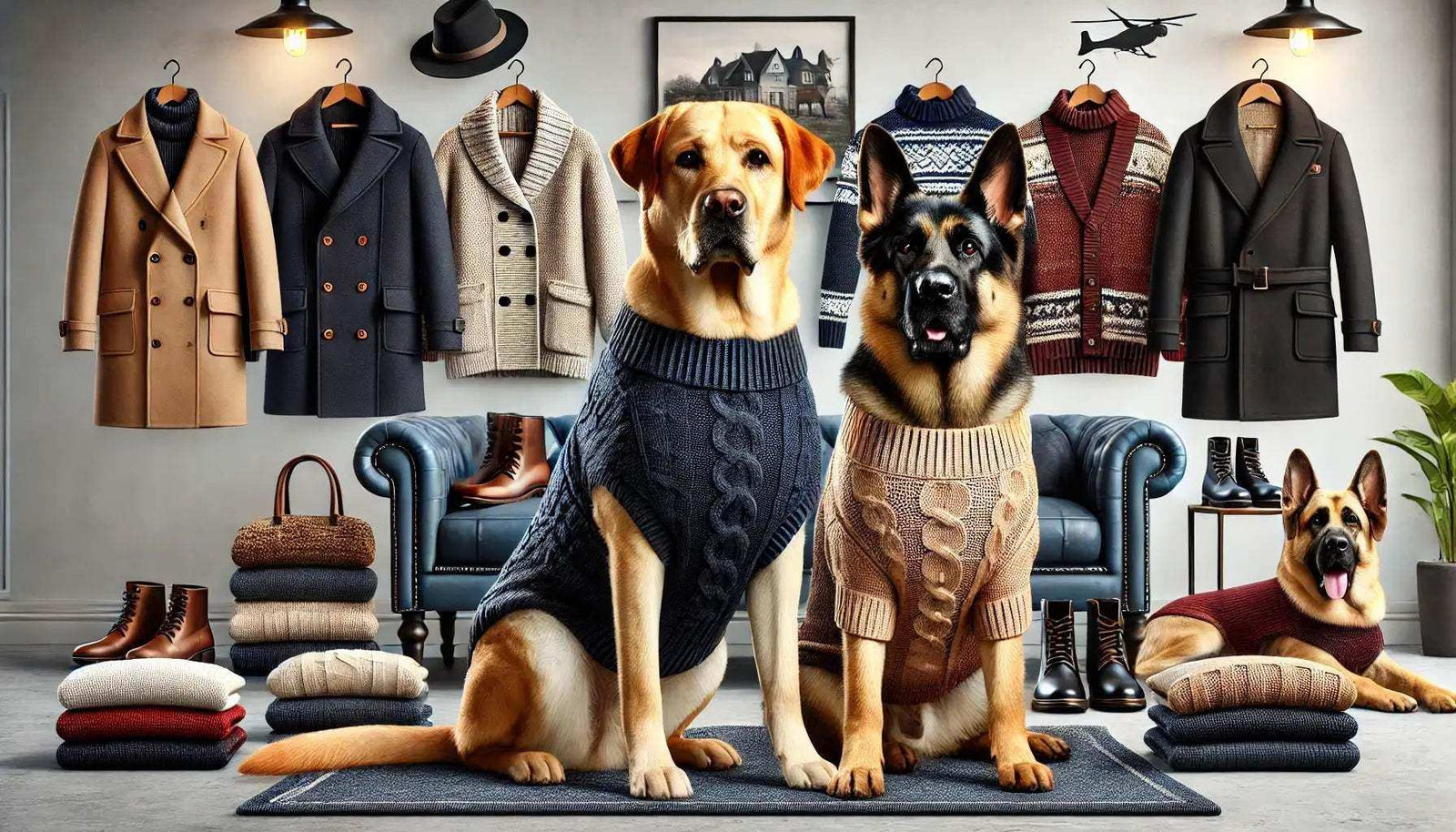 Two large dogs wearing knitted sweaters in a stylish room with coats, boots, and folded sweaters displayed