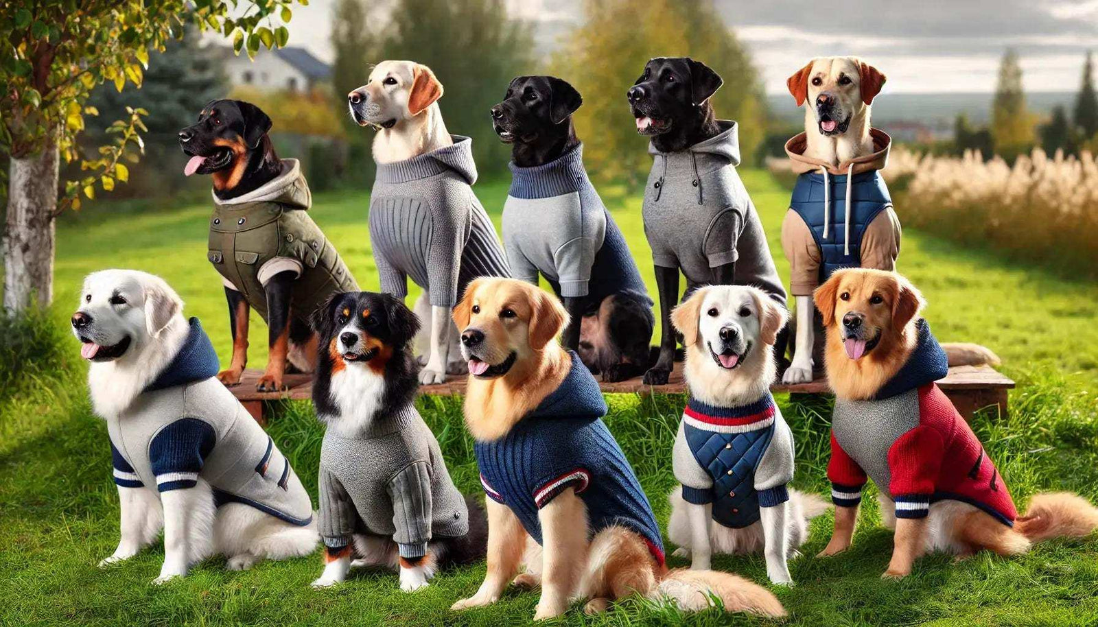 Group of large dogs wearing colorful cozy sweaters and hoodies in a green park setting