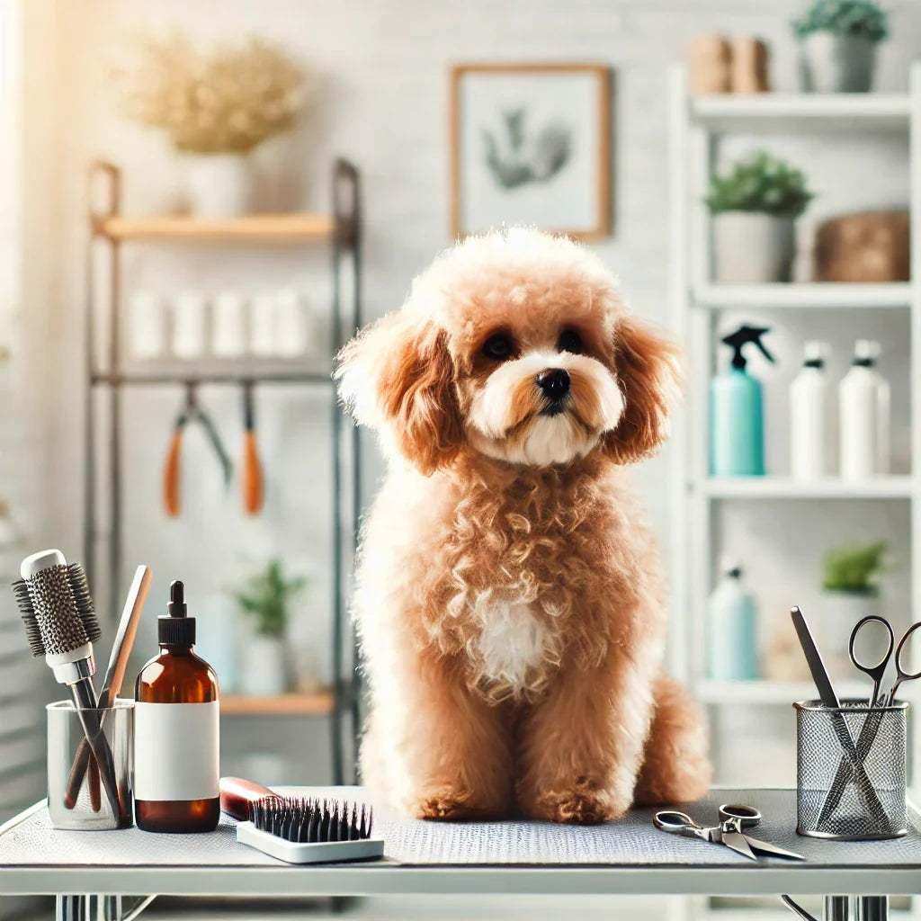 Curly fluffy brown dog sitting on grooming table with brushes, scissors, and spray in pet grooming salon