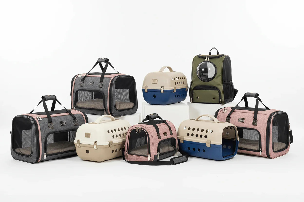 Variety of pet carriers including soft-sided backpacks and hard plastic crates for dogs and cats
