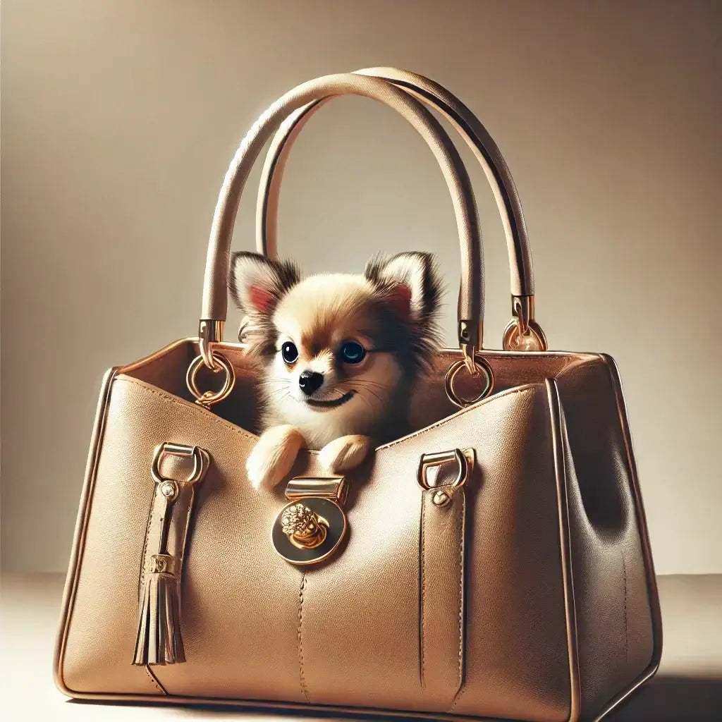 Small cute dog peeking out of stylish brown leather handbag on neutral background