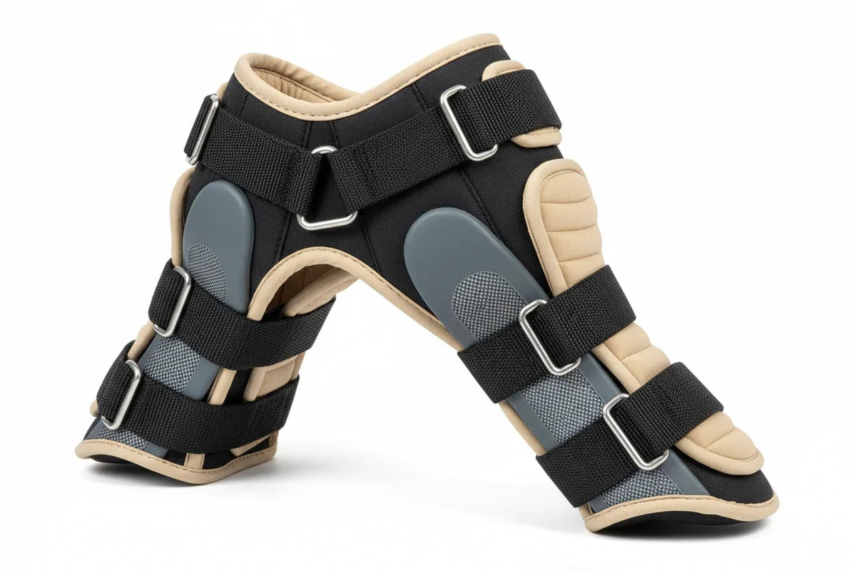 Orthopedic dog brace with black straps, beige padding, and gray support panels on white background