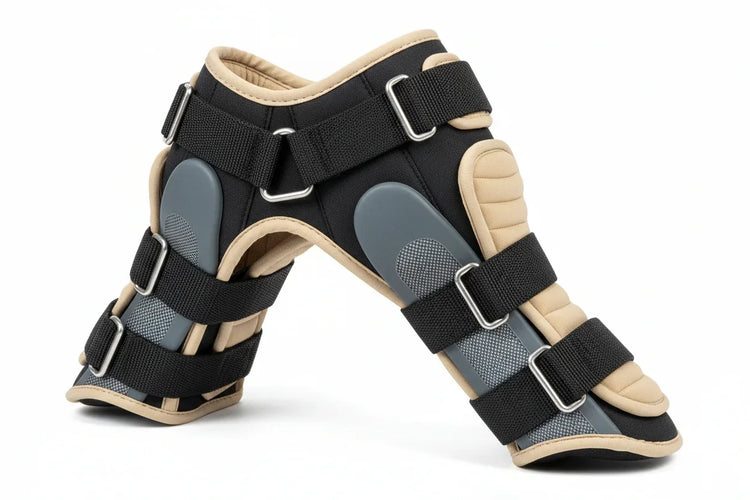 Orthopedic dog brace with black straps, beige padding, and gray support panels on white background