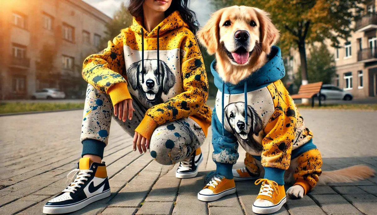 Woman and golden retriever wearing matching yellow and blue dog print hoodies and sneakers outdoors