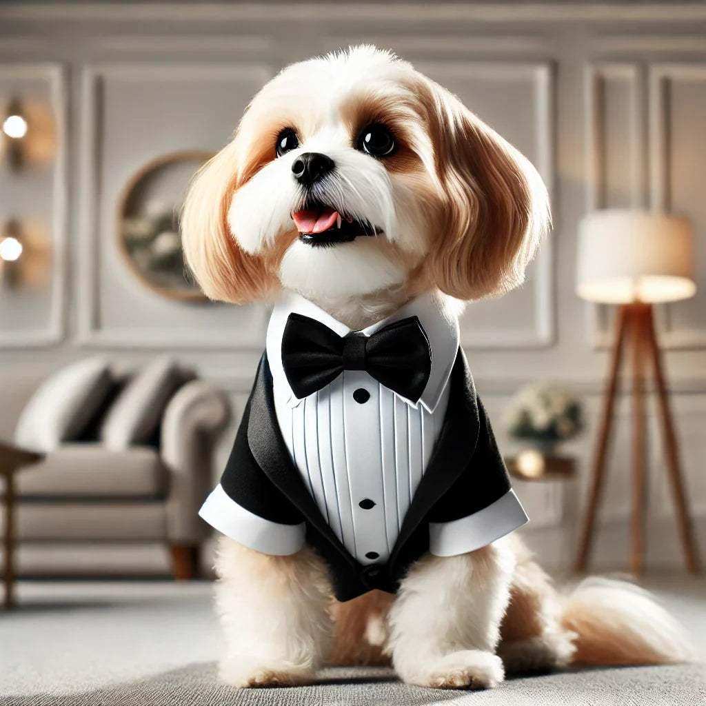 Small fluffy dog wearing a black tuxedo and bow tie sitting in elegant living room