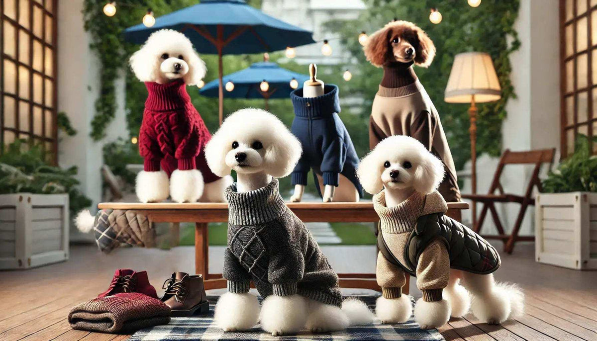 Four poodles wearing stylish knitted dog sweaters in a cozy indoor setting with warm lighting