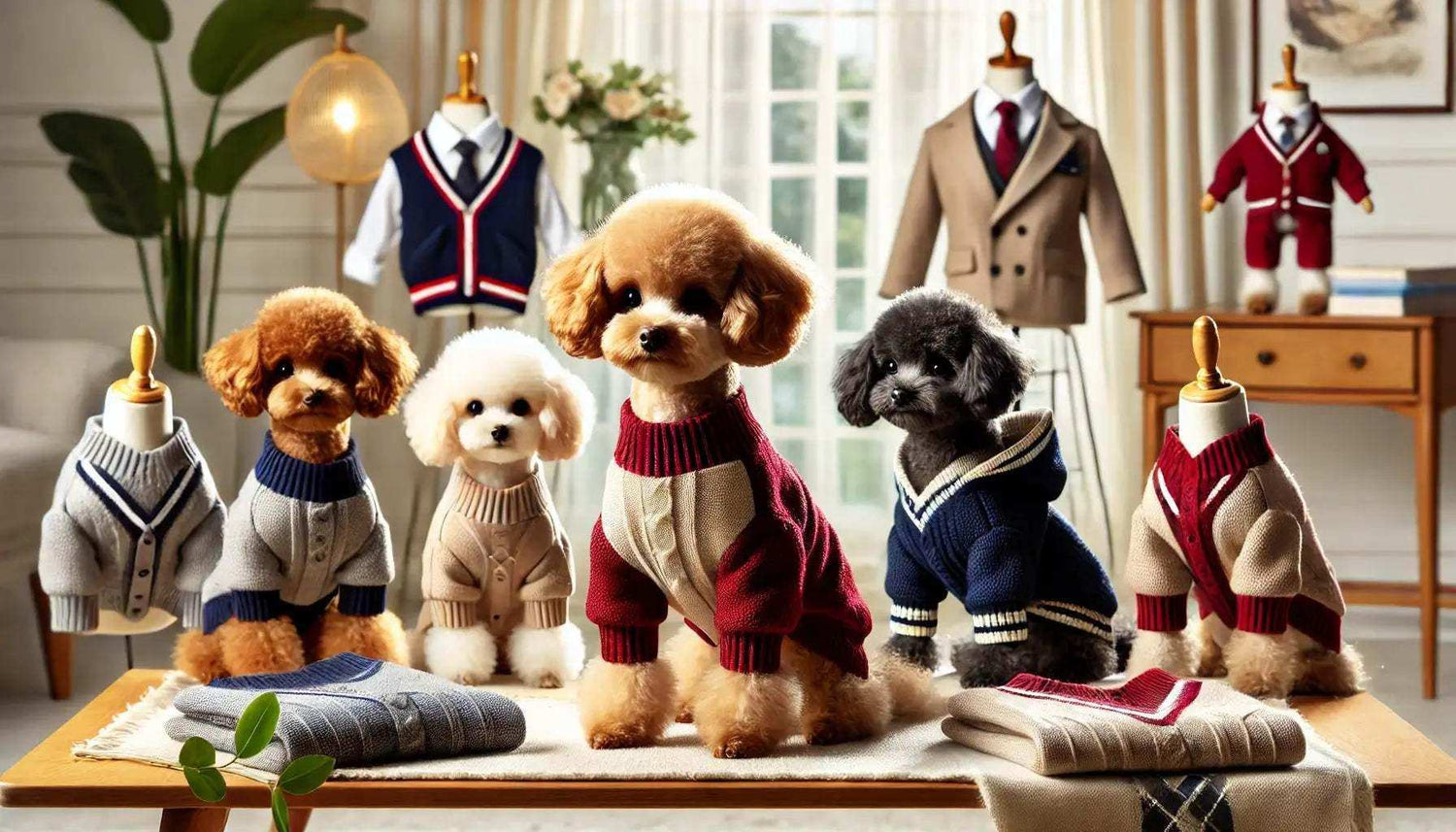 Miniature poodles dressed in stylish knit sweaters on table with dog clothes in cozy living room