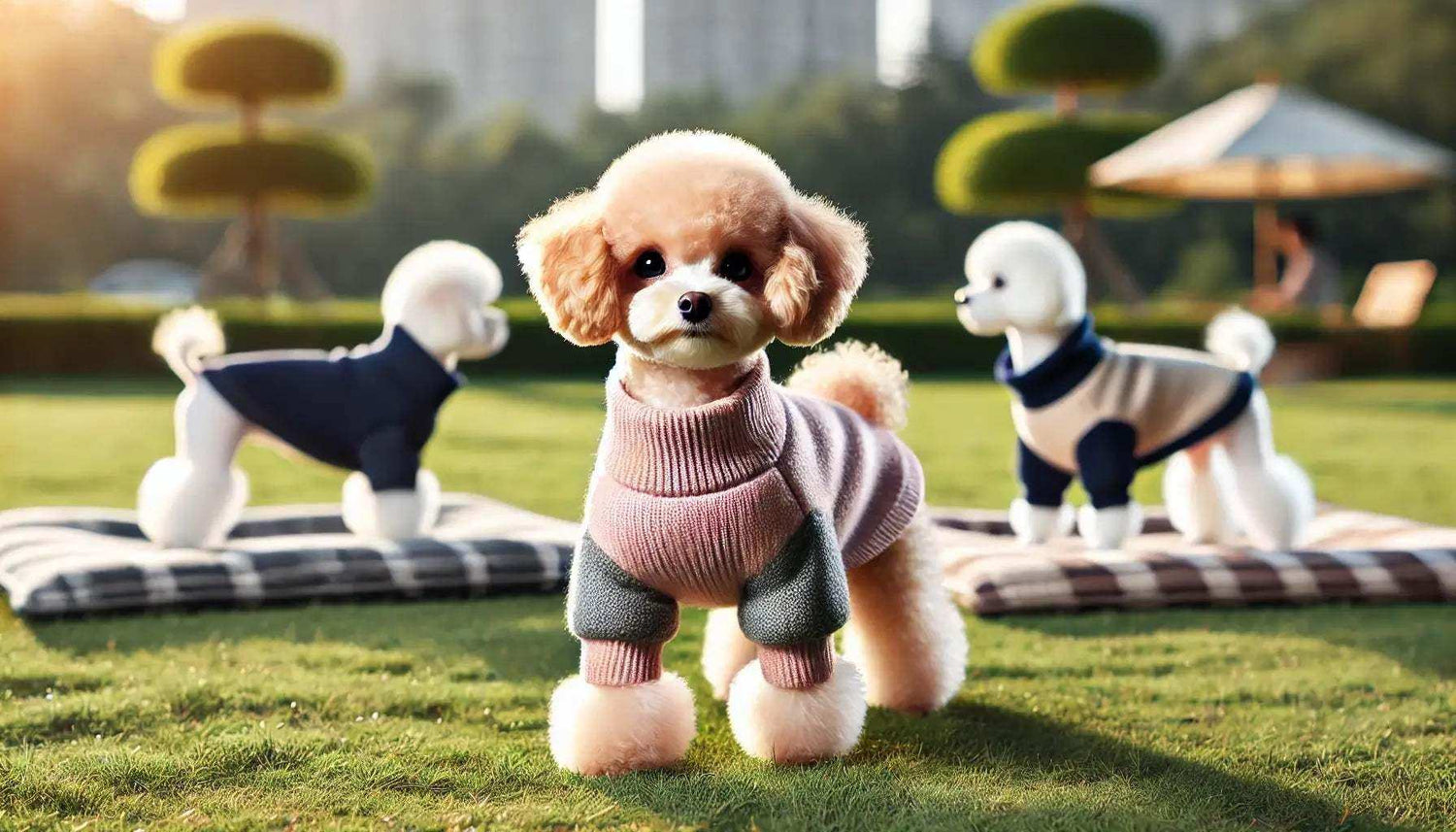 Toy poodle wearing a pink and gray knitted sweater, outdoors on grass with two white poodles in sweaters in background