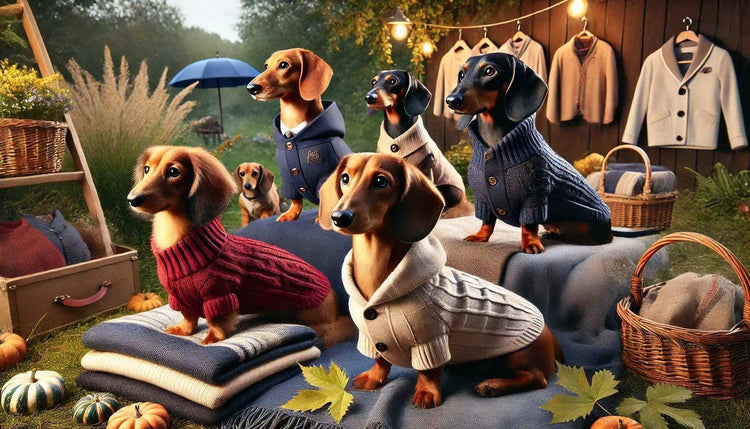 Six dachshunds wearing stylish knitted sweaters and hoodies outdoors with autumn leaves and cozy blankets