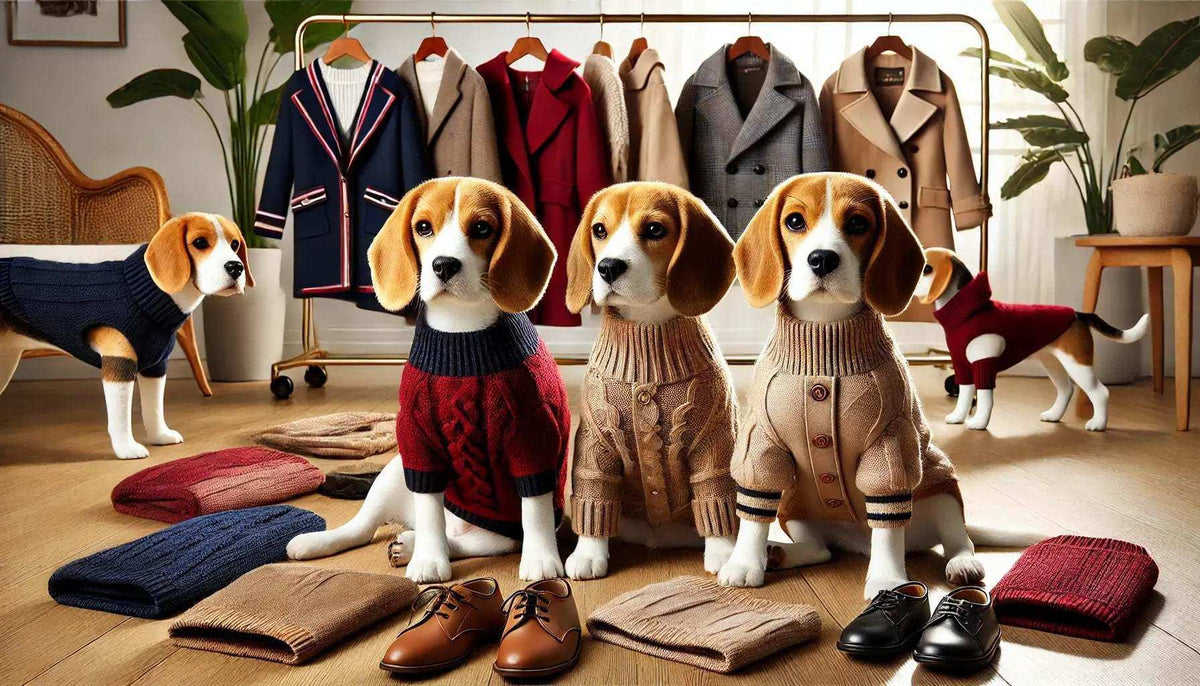 Three beagle dogs wearing stylish knit sweaters sitting on floor with shoes and folded clothes, coats hanging in background