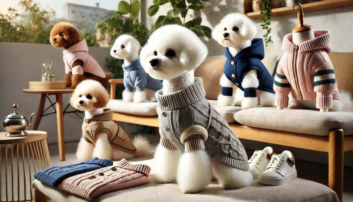 Bichon Frise and small dogs wearing stylish knit and hooded sweaters in cozy indoor setting with dog clothing and shoes