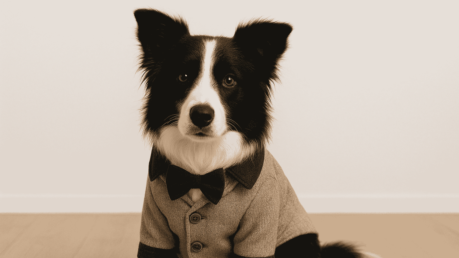 Border Collie wearing a gray sweater with black collar and bow tie sitting on wooden floor
