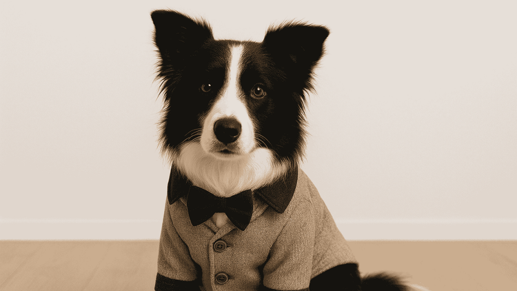 Border Collie wearing a gray sweater with black collar and bow tie sitting on wooden floor
