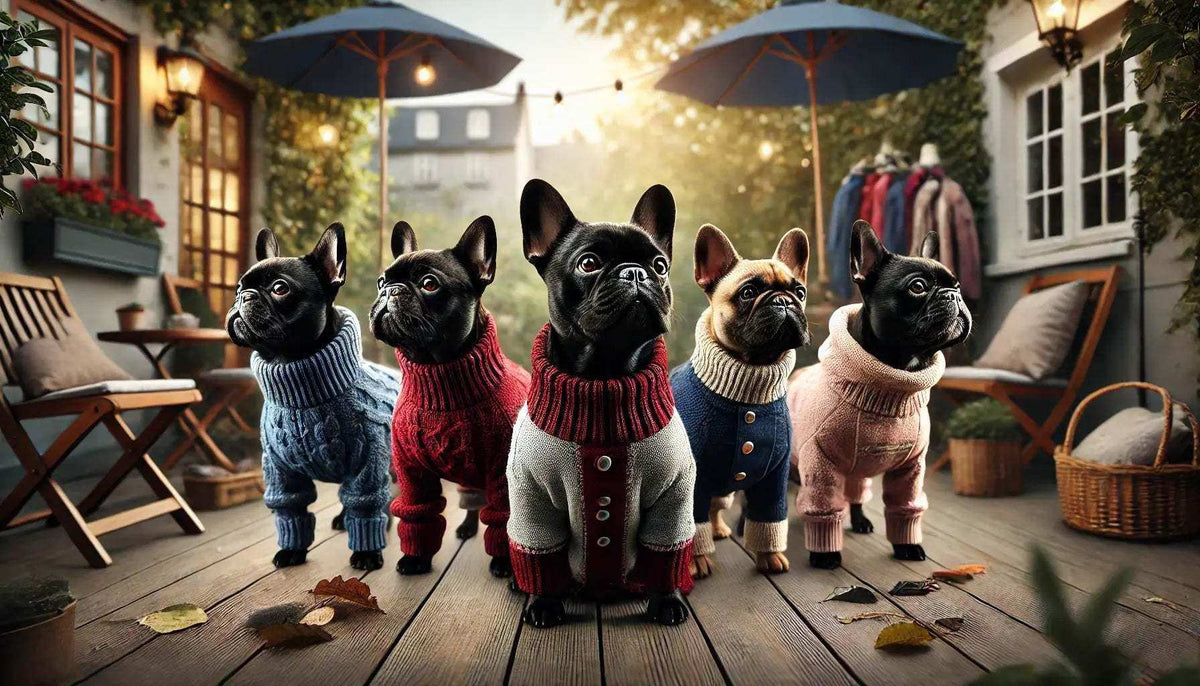 Five French Bulldogs wearing stylish colorful knit sweaters on a wooden patio with outdoor furniture