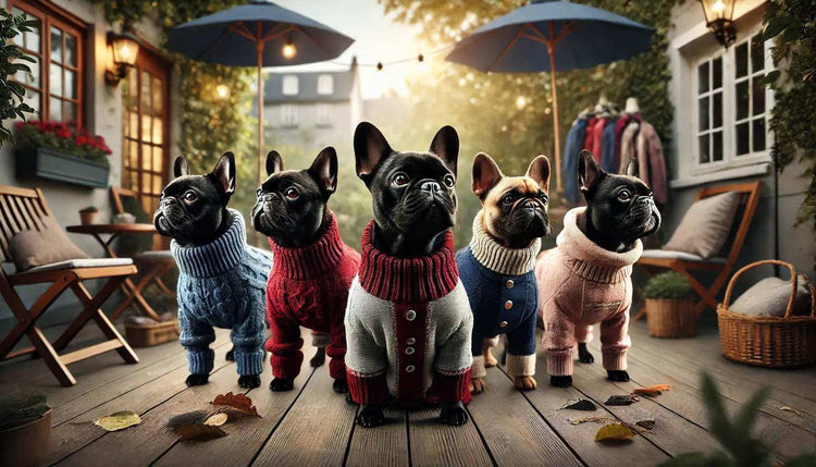 Five French Bulldogs dressed in colorful knitted sweaters on a wooden patio with chairs and umbrellas