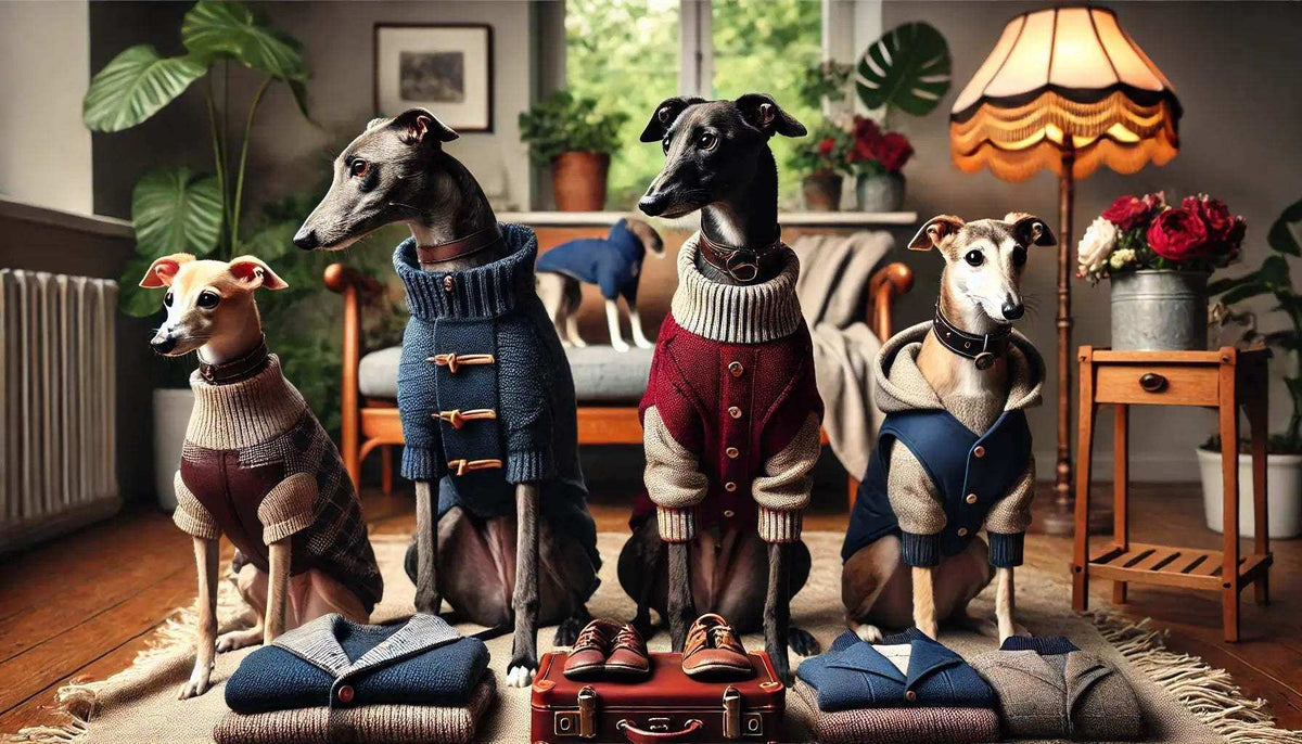 Four greyhound dogs indoors wearing stylish knit sweaters and hoodies with folded dog clothes and shoes on wooden floor