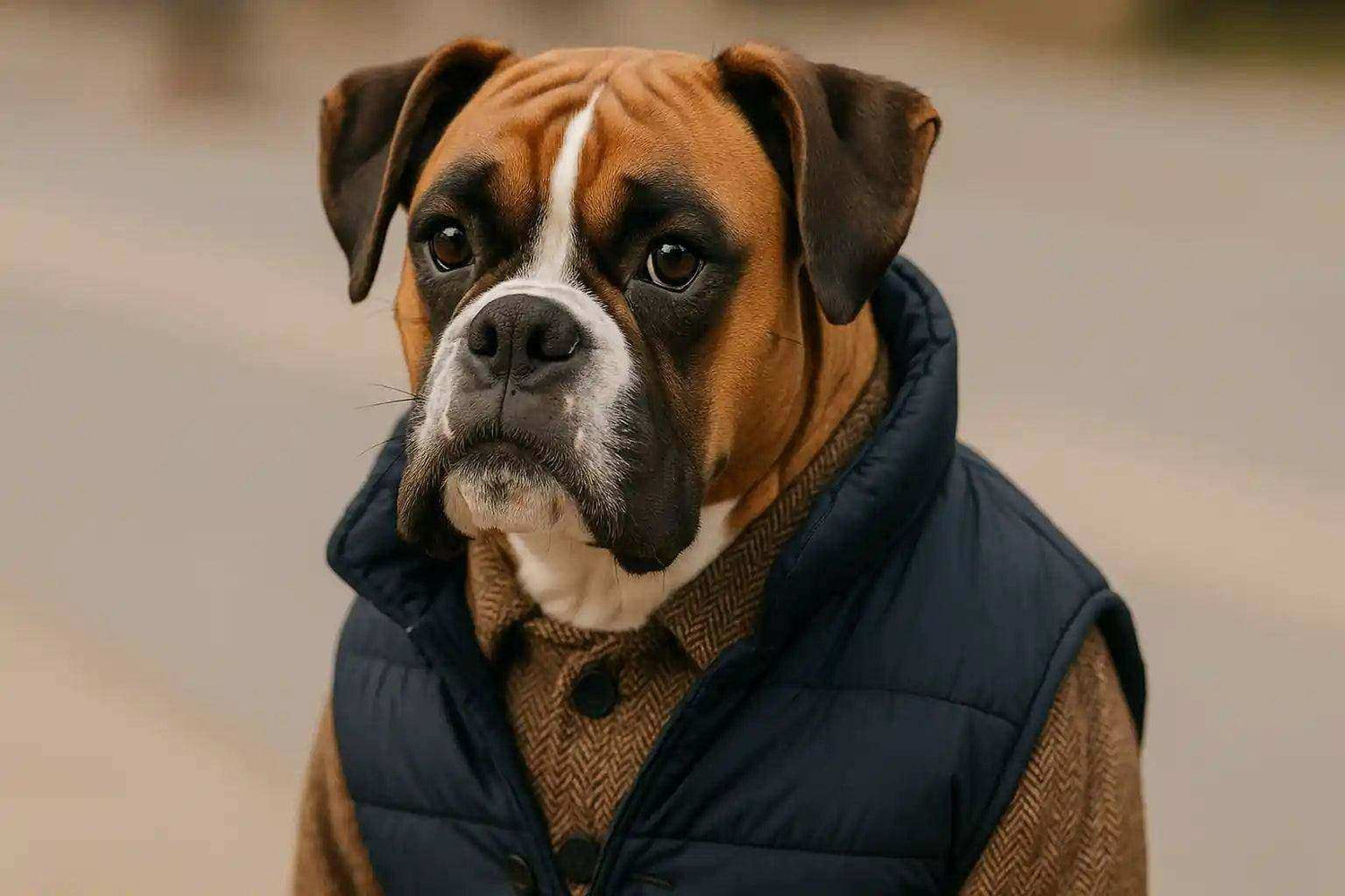 Boxer dog wearing a brown herringbone sweater and navy blue quilted vest in neutral background