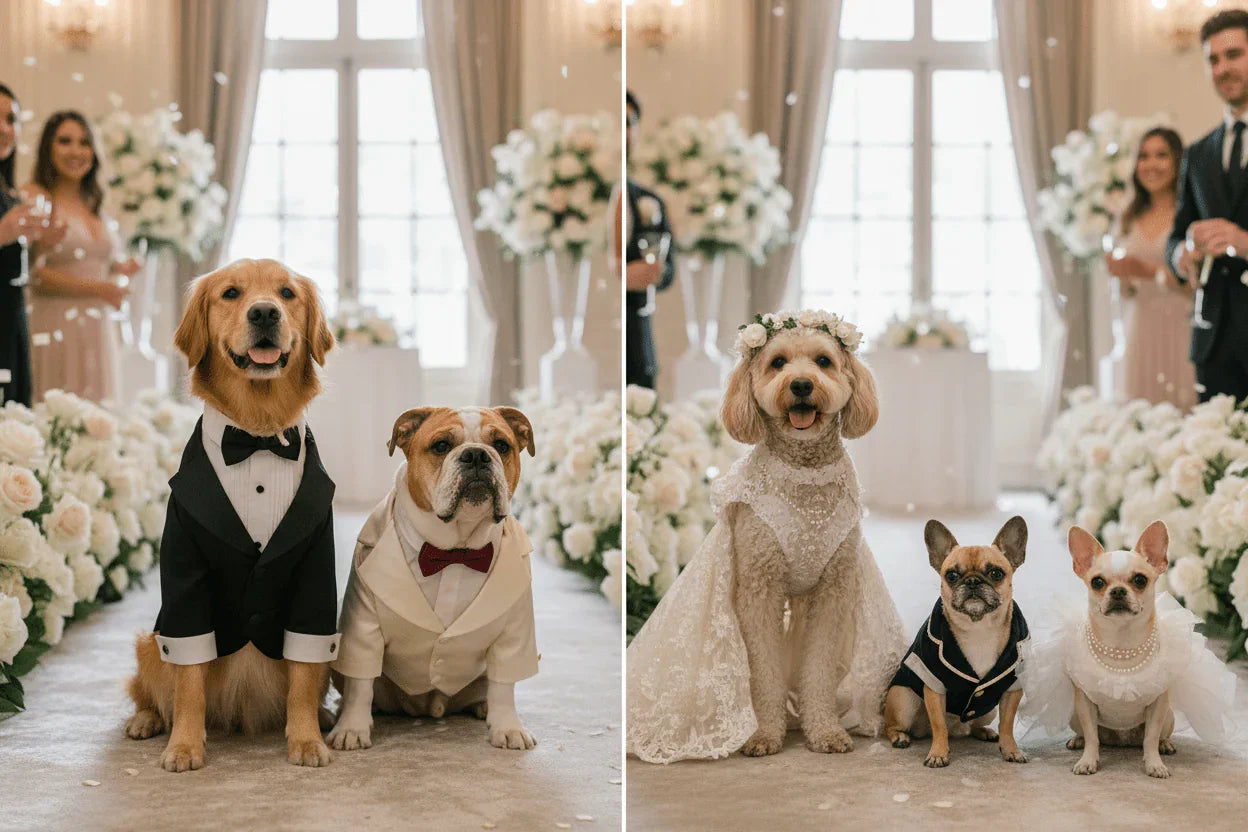 Five dogs dressed in formal wedding attire at a floral ceremony setting indoors