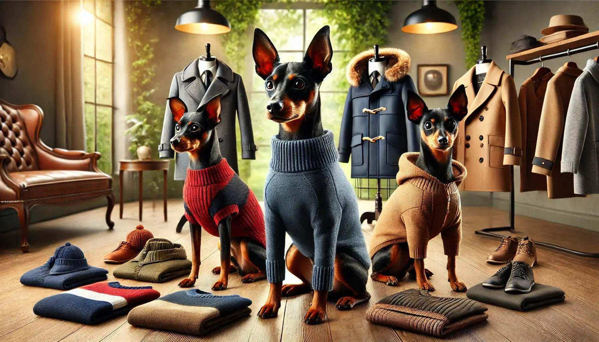 Three Pinscher dogs wearing stylish sweaters in a cozy boutique with coats and shoes